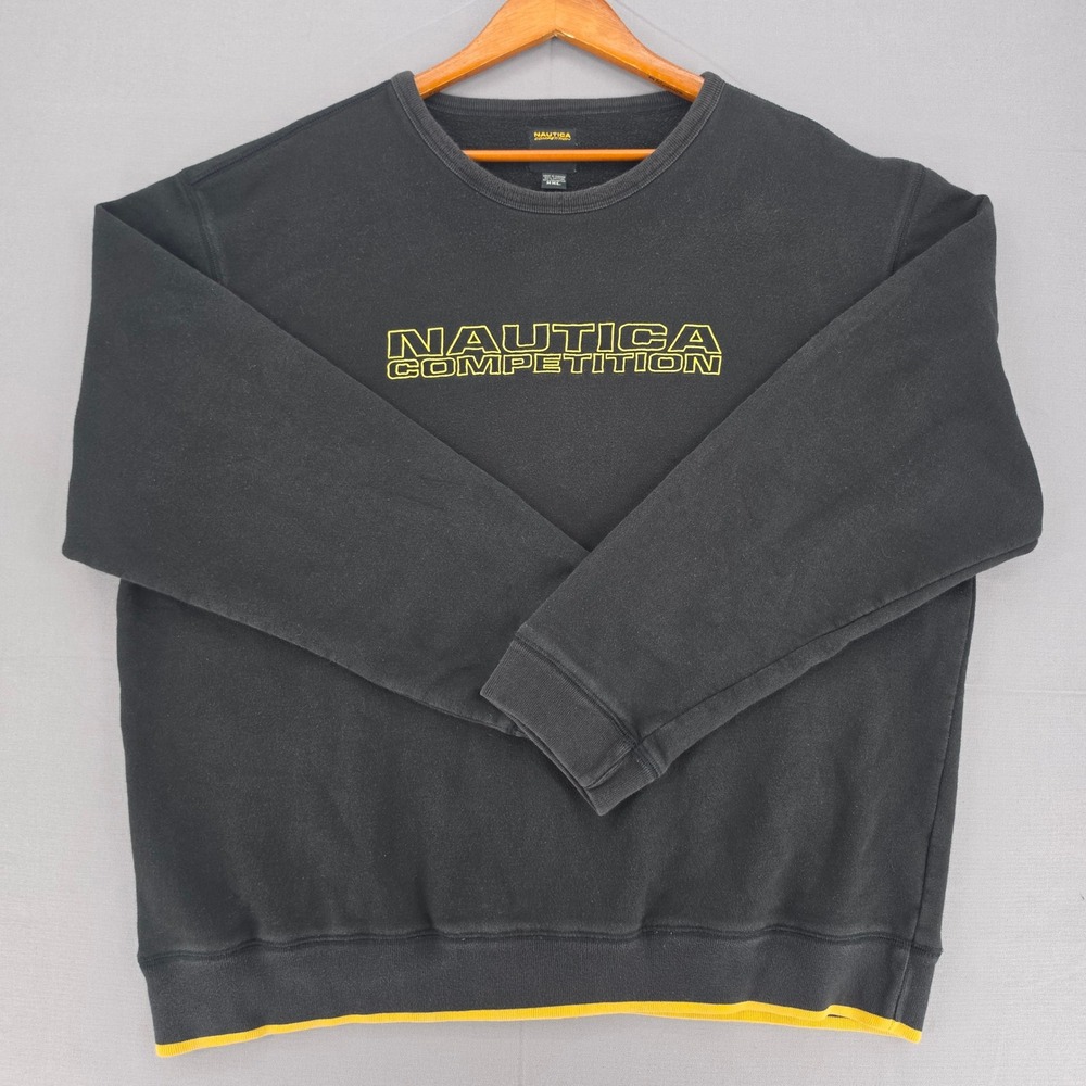Nautica Competition Sweatshirt Mens XXL Black Yellow Embroidered Logo Vintage